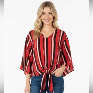 Andree red striped tie front top oversized size medium